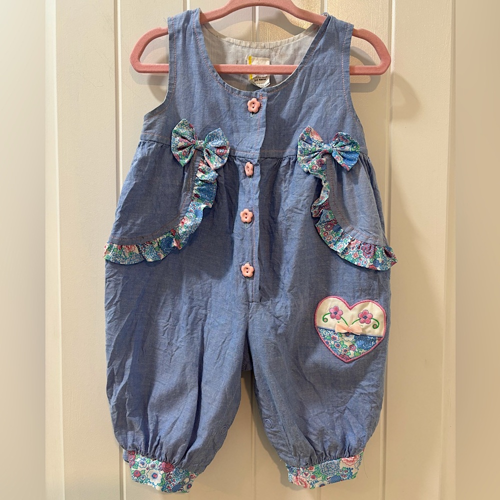 Vintage 90s Baby Girl Floral Romper Embroidered Ruffle  Size 3-6M